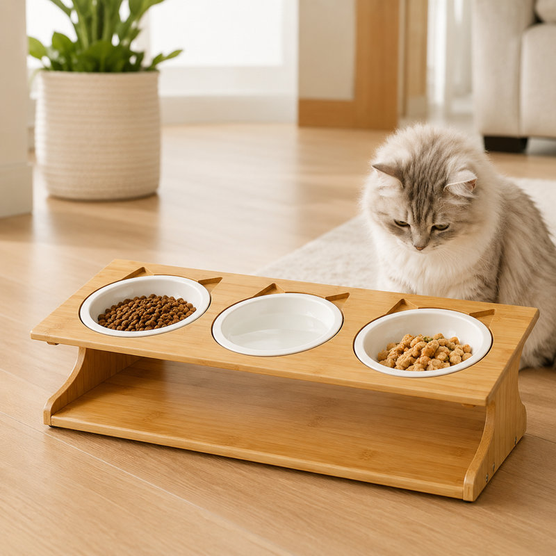 Support pour chat en bambou surélevé avec bols en céramique, nourriture pour animaux surélevée et bol pour chats et petits chiens