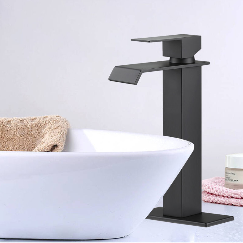 Single Handle Single Hole Bathroom Faucet With Deckplate And Waterfall Spout ( 1 Pack ), Matte Black