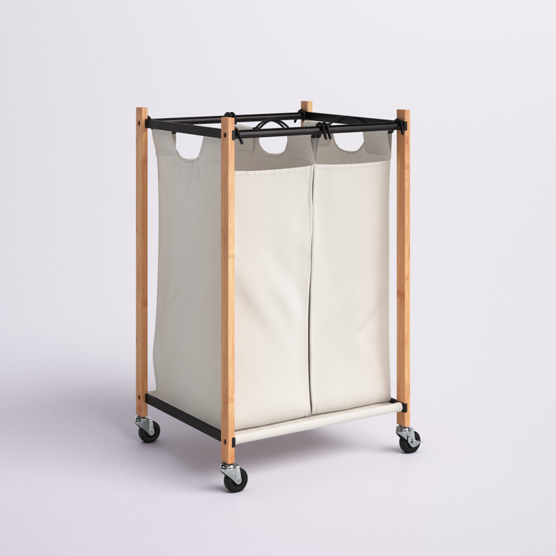Rolling Laundry Sorter with Handles, Bamboo and White