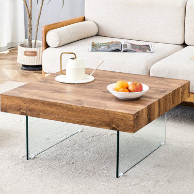 Table basse colorée carrée en panneau de fibres à densité moyenne - Pieds en verre trempé. Autocollant de panneau de densité, pieds en verre renforcé