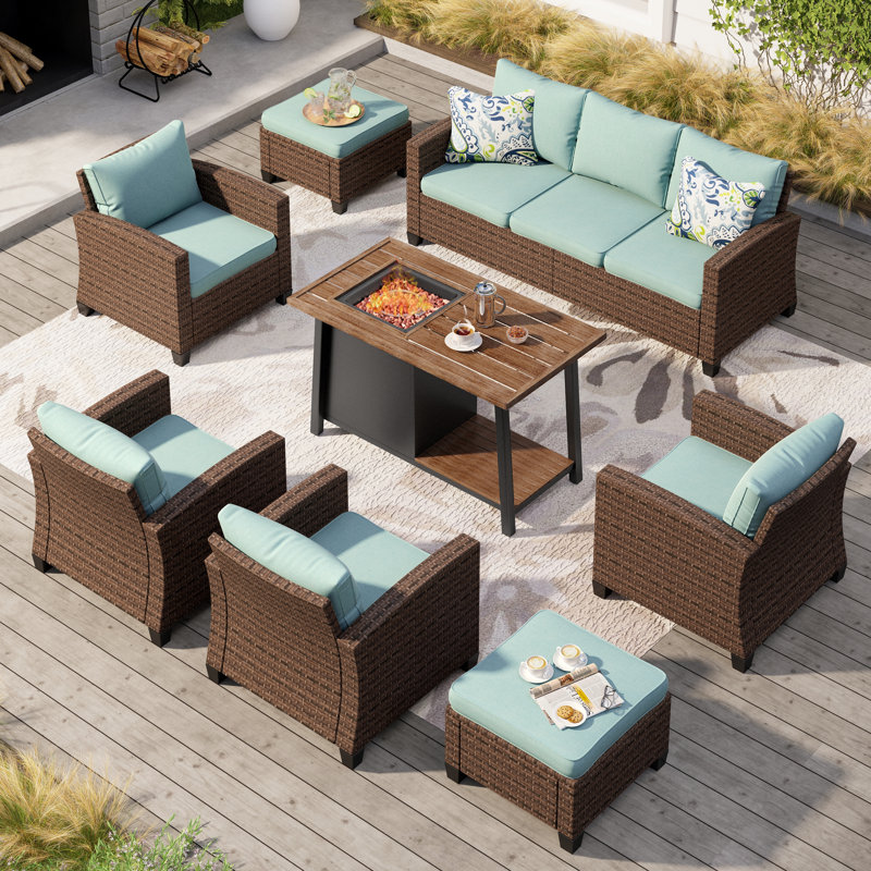 9 - Person Outdoor Wicker Patio Conversation Furniture Set With Fire Pit Table, Blue