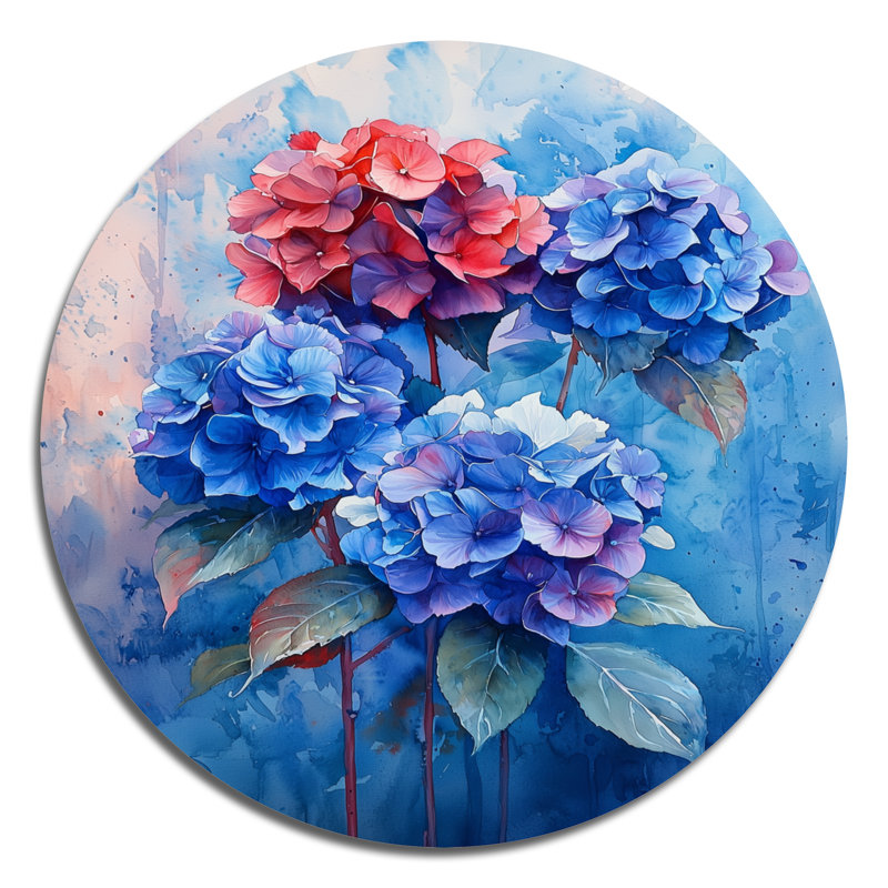 Hydrangée bleue et rouge dans un style graffiti, Hortensia II - hydrangées, art mural rond en métal, H 36 po x l 36 po