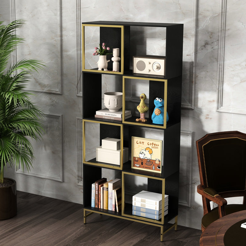 4 bibliothèque rustique pour petits espaces - étagère industrielle noire et dorée avec affichage asymétrique, espaces de vie faciles d'entretien et panneau de particules, noir et or, présentoir charmant