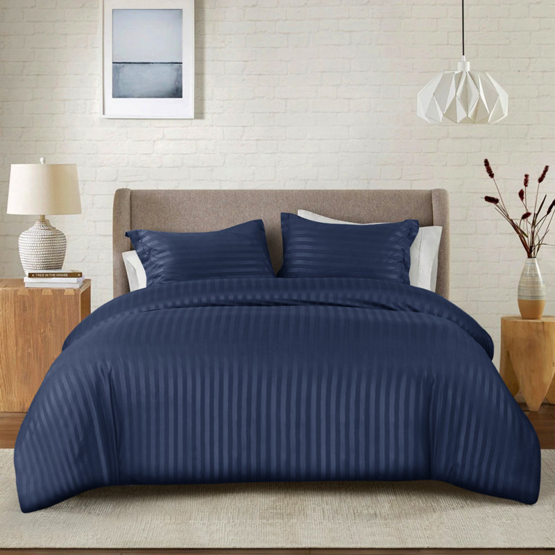 Noso Premium Hotel Quality Satin Stripe Duvet Cover Set with Pillowcases, Super King, Navy