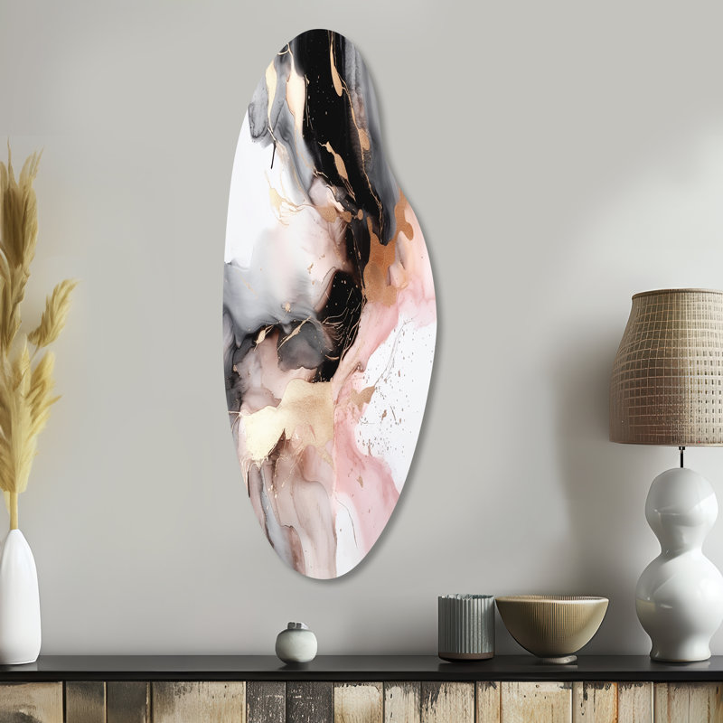 «Pink Black Splash Marble I», décoration murale asymétrique en métal rose, impression d'art en métal courbé rose