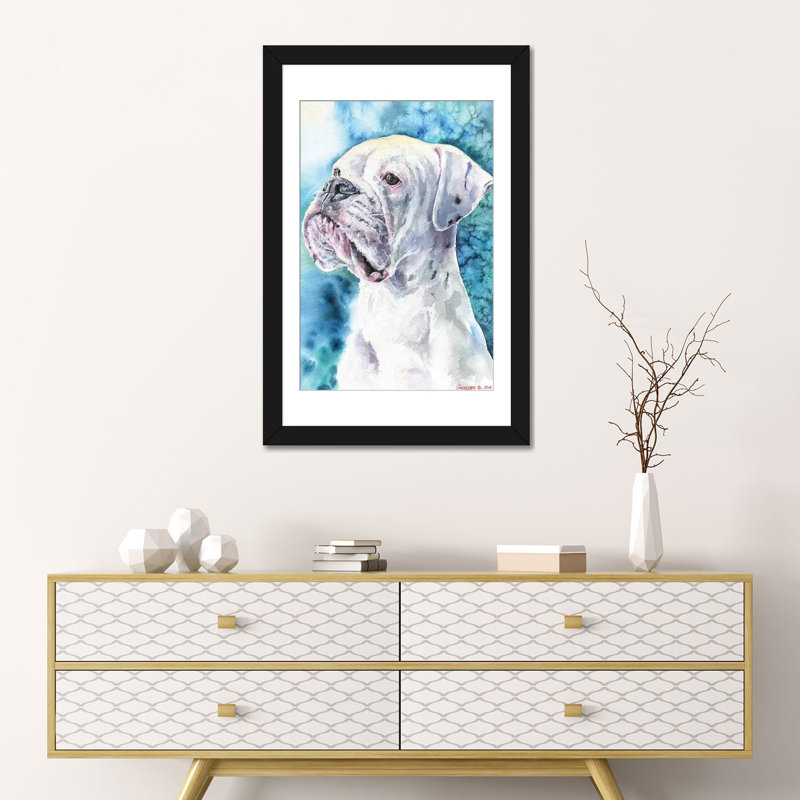 Boxer blanc, impression sur toile, Papier beaux-arts encadré noir, H 32 po x l 24 po x P 1 po, Blanc