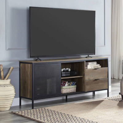 Meuble télé à 2 tiroirs en chêne rustique et noir avec porte coulissante
