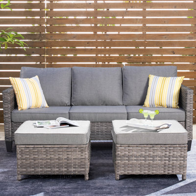 Allcot 3 - Person Wicker Rattan Outdoor Seating Group with Pillows, Cushions and Ottomans, All Weather High Back Conversation Set for Garden Backyard by Lark Manor