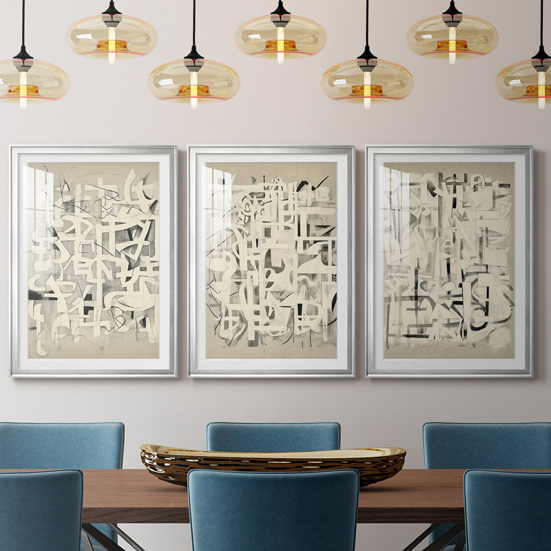ABSTRACT Series CMV III - Impression encadrée sur mesure de qualité supérieure - 3 pièces, H 30 po x l 63 po, Argent argent