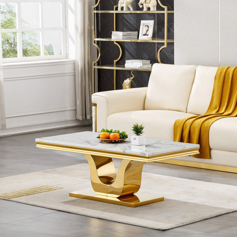 46.85" Coffee Table with White Marble Top, Modern Rectangular Faux Marble Coffee Table with Single U-shaped Stainless Steel Pedestal, Luxury Cocktail Center Table for Living Room Office