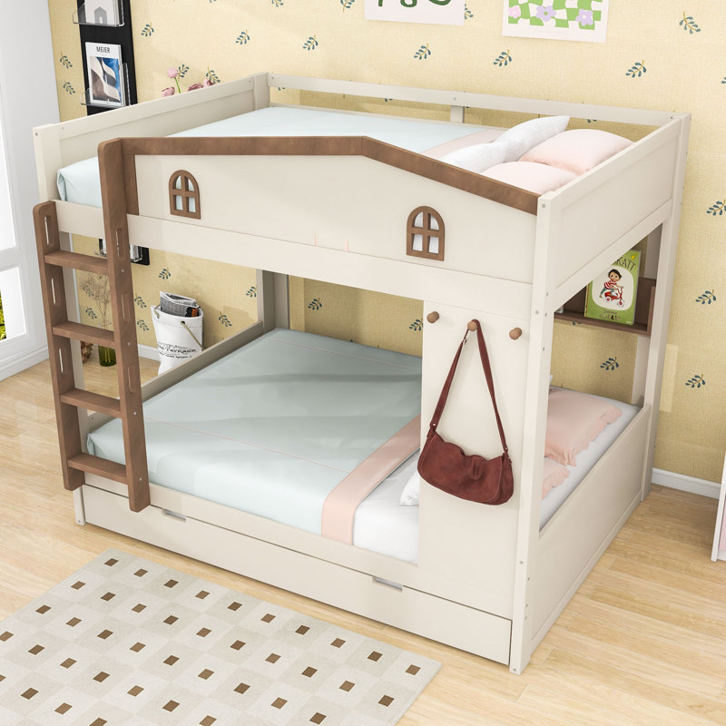 Lit superposé en bois avec lit gigogne, tablettes et lattes, Grand sur grand, Naturel beige