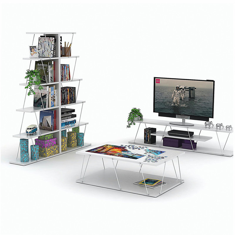 Meuble télé moderne avec tablettes ouvertes, centre de divertissement avec cordons de rangement en métal, meuble télé bas de 56 pouces, blanc / chrome