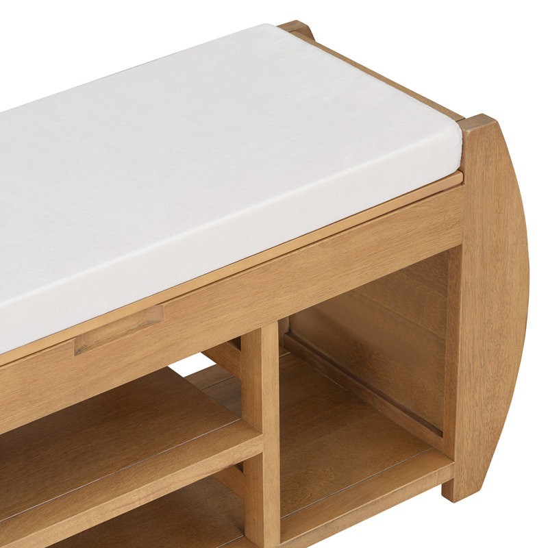 Retro Multifunctional Shoe Storage Bench With Cushion And Curved Side Panel, Natural