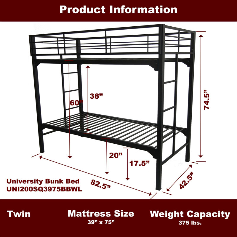 Assumpta University 2" Heavy Duty Steel Bunk Bed with Built-in Guardrails & Ladders, Twin Over Twin