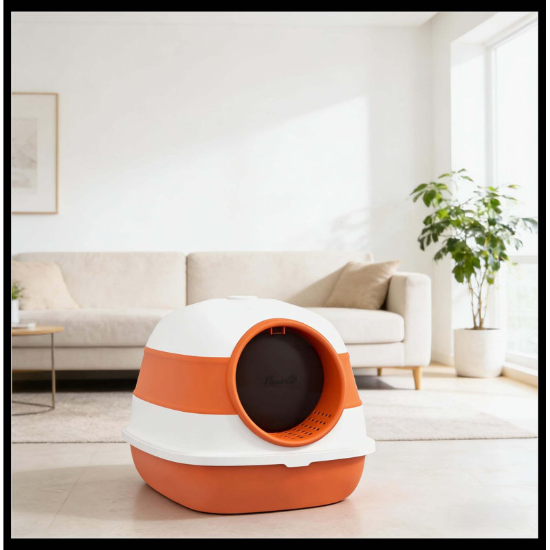 Cat Litter Box,Covered Litter Box, Orange/White