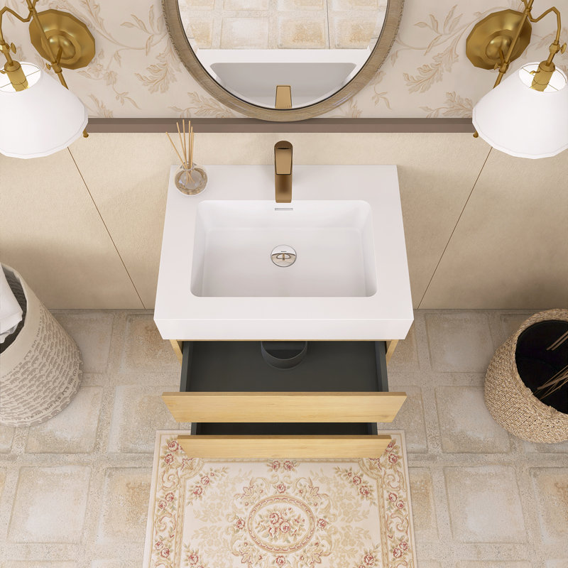 Meuble-lavabo simple 24 po avec plateau Kansiray, Blanc, Chêne
