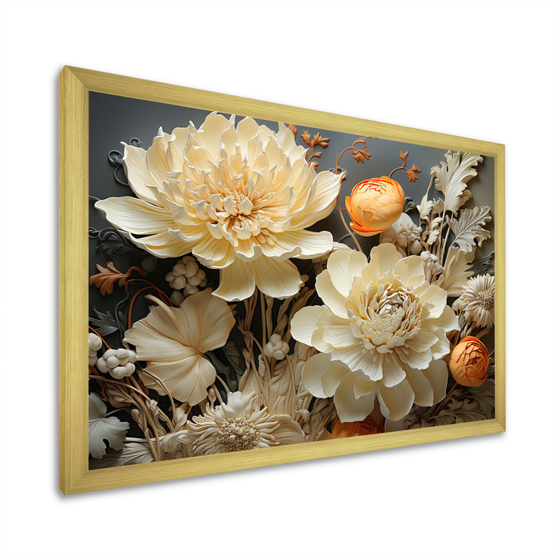 Ivoire floral complexe sur toile, Cadre doré simple, H 12 po x l 20 po x P 1 po