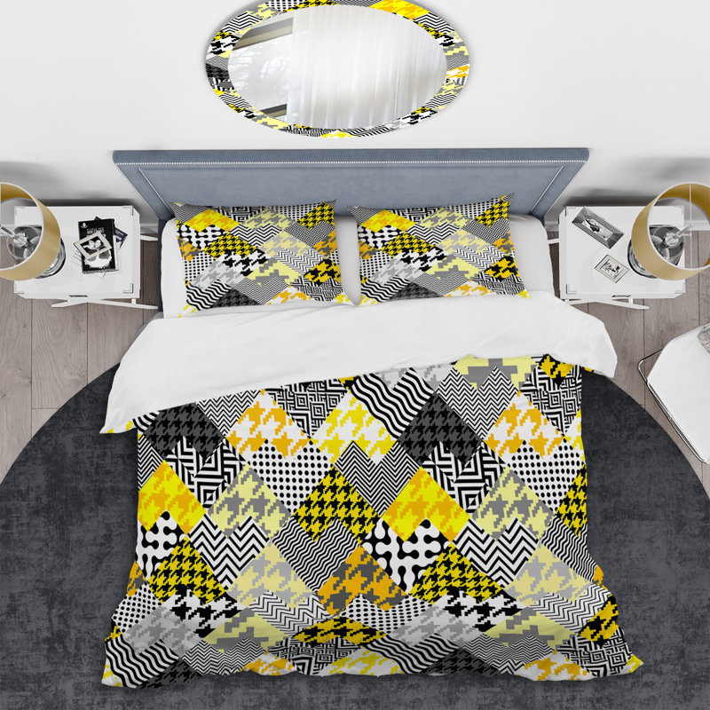 Yellow And Silver Patchwork Polyester Patchwork Duvet Cover, King Duvet Cover + 2 King Shams