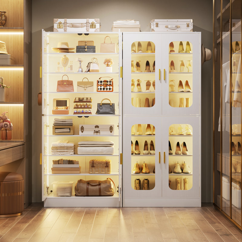 8-Tier Shoe Cabinet with LED Lighting and Adjustable Shelves, White