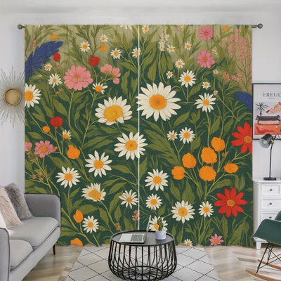 2 pièces de rideaux à motif floral de marguerite rétro, fond vert foncé de style bohémien avec fleurs colorées, rideaux de fenêtre à passe-tringle, décor de printemps été, fenêtre de salon de chambre à coucher