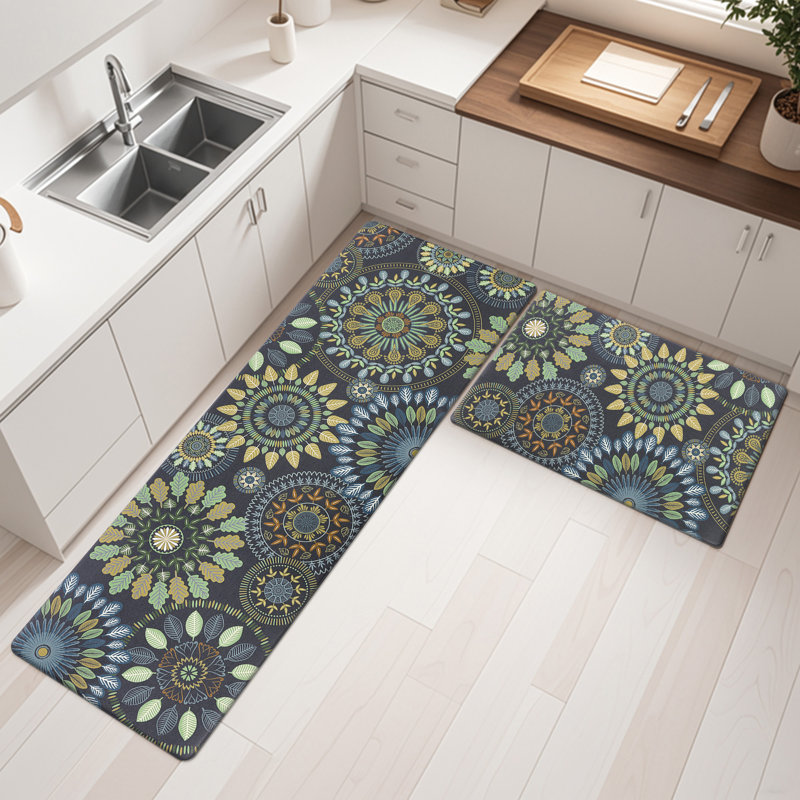 Jalissia Anti-Fatigue Non-Skid Kitchen Mat, Runner 20" x 31.5" + 20" x 59", Gray/Beige/Dark Green/Blue