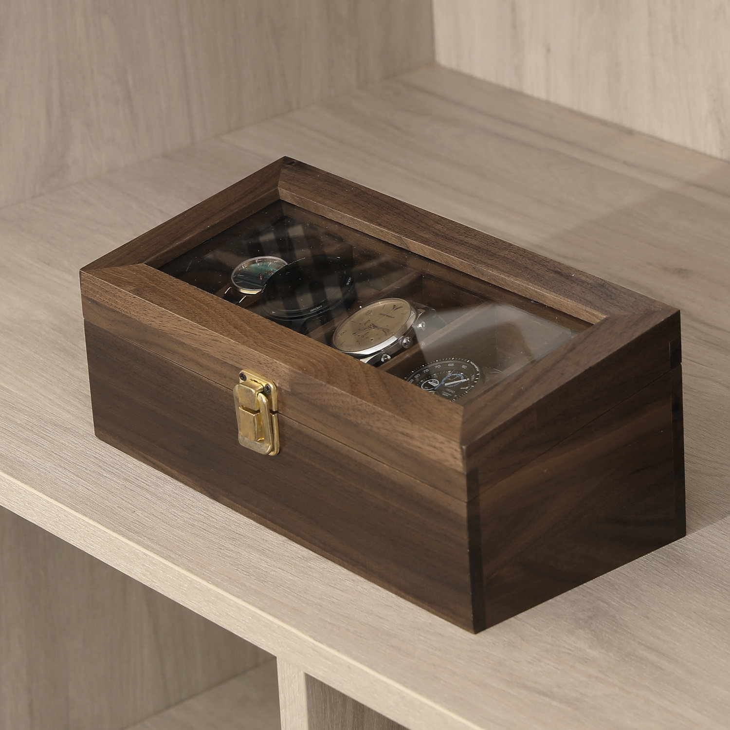 Modern Men's Walnut Jewelry Watch Box with Lucite Top