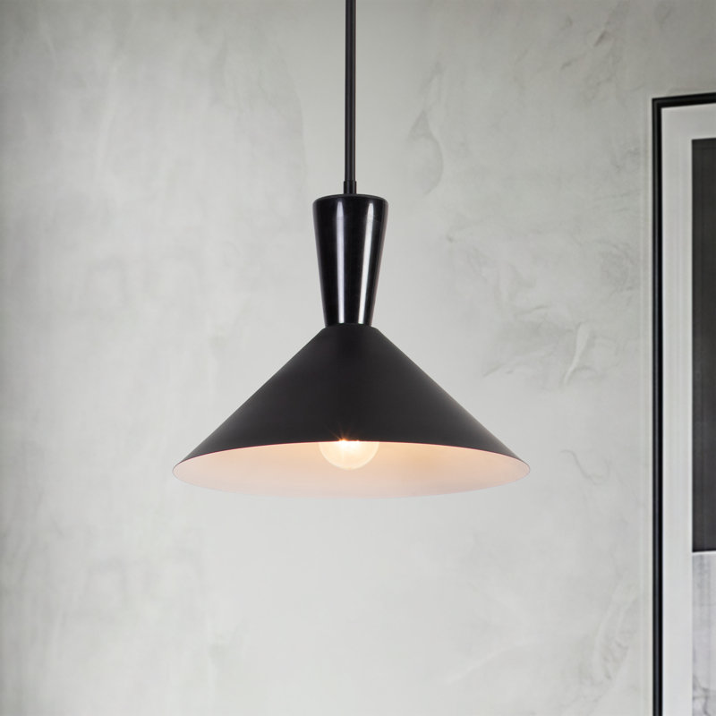 1-Light 14"W Marble Modern Cone Pendant with Black Metal for Kitchen Island or Dining Room, Matte Black Shade/ Black Marble