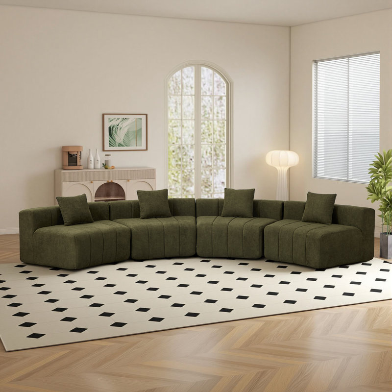 Boneless 2 - Piece Chenille Curved Sectional Sofa With 2 Pillows, Green Chenille, 29" H x 151" W x 33" D