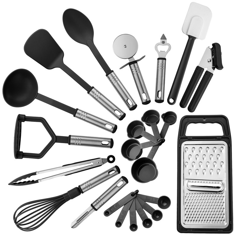 23 Pieces Essential Kitchen Utensils Set Nylon and Stainless Steel Non-Stick Cooking Gadgets, Black