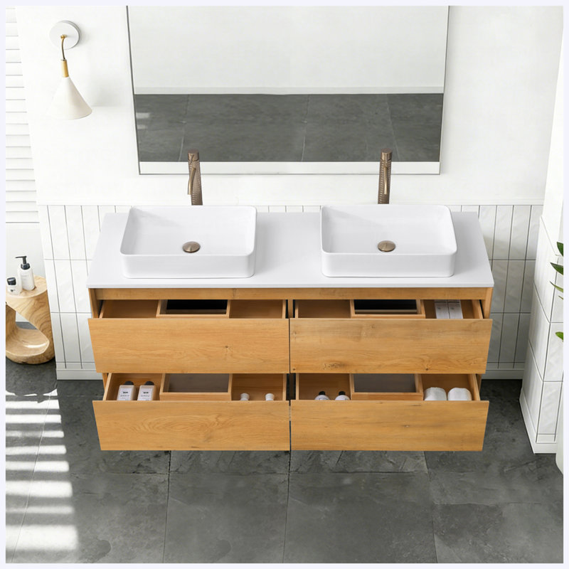 Meuble-lavabo mural flottant 60 po avec comptoir en quartz blanc et vasque rectangulaire en céramique 60 po, finition blanche avec tiroirs de rangement