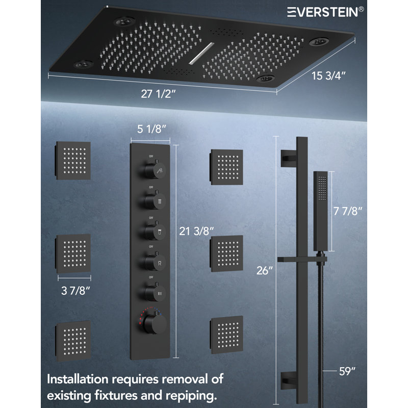 LED Thermostatic Shower Faucet,Slide Bar Shower Head with Bluetooth Music, Matte Black