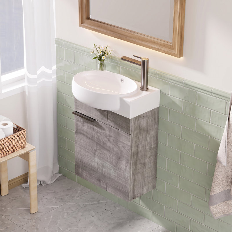Meuble-lavabo suspendu de 40,6 cm (16 po) avec lavabo en céramique, porte à fermeture douce et rangement, blanc, Grey