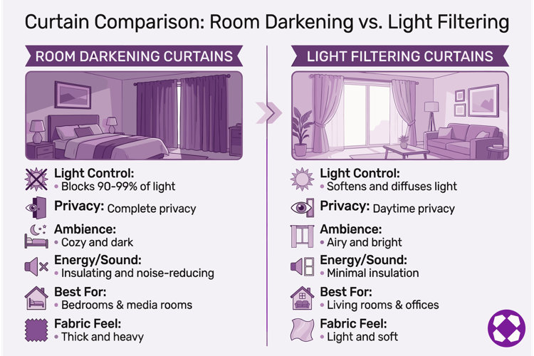 infographic chart comparing room darkening vs. light filtering curtains with features such as light control, privacy, ambience, and fabric feel as key considerations