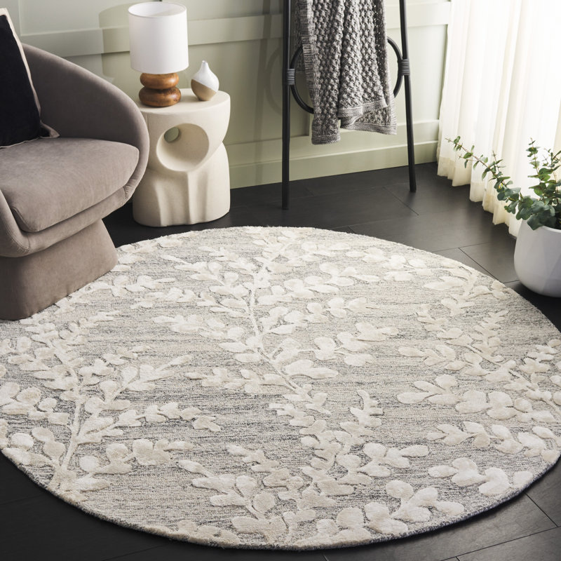 Hetal Hand Tufted Wool/Viscose/Cotton Floral Rug in Natural/Gray, Round 6'