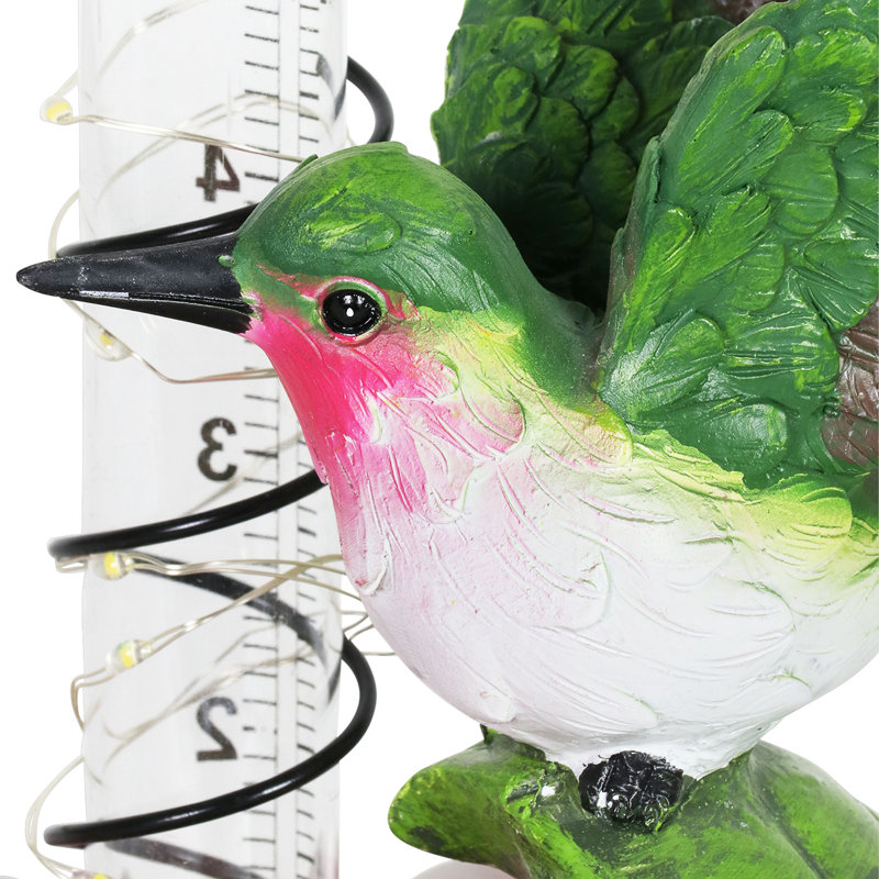 Solar Pink Flower and Hummingbird Garden Rain Gauge with LED Lights
