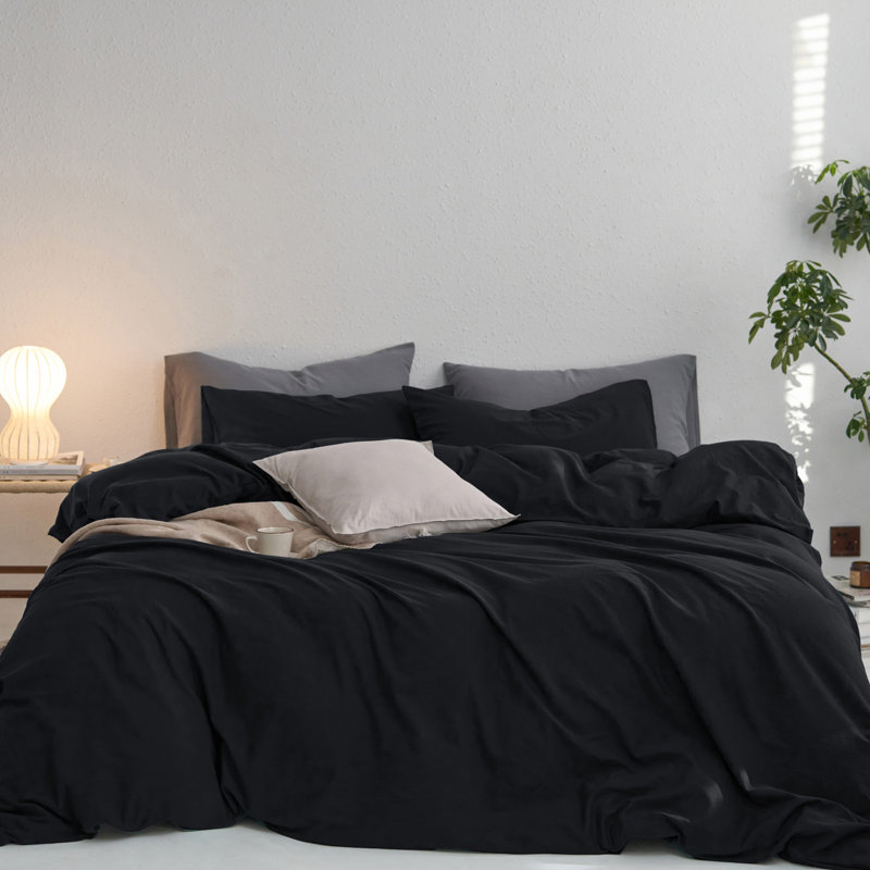 MooMee Duvet Cover Set with Zipper Closure & 8 Interior Ties 100% Washed Cotton Twill Soft Linen Like Textured, Black