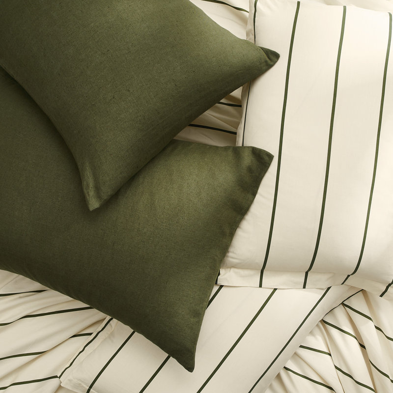 Brooklyn Loom Hayward Stripe Duvet Set, Ivory/Green, King Duvet Cover + 2 King Shams