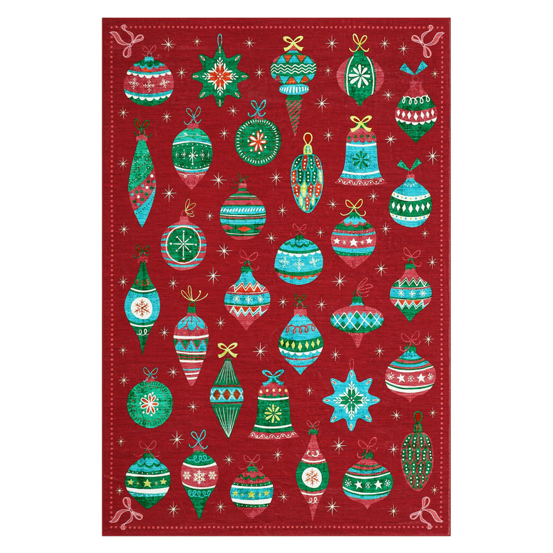 8x10ft Washable Christmas Ball Print Accent Rug w/ Non-Slip Backing,Stain-Resistant Low Pile Xmas Holiday Carpet