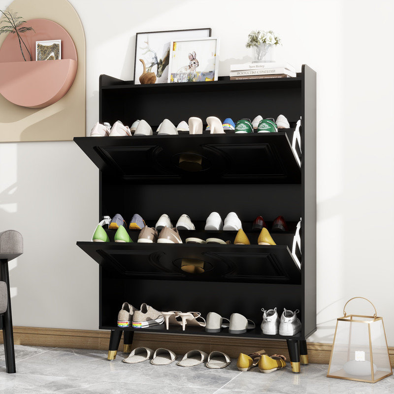 Shoe Storage Cabinet with 2 Flip Drawers, Slim Wooden Freestanding Shoe Cabinet with Cubby and Shelf, Hidden Narrow Shoes Rack Organizer for Entryway Hallway, Holds 24 Pairs, Classic