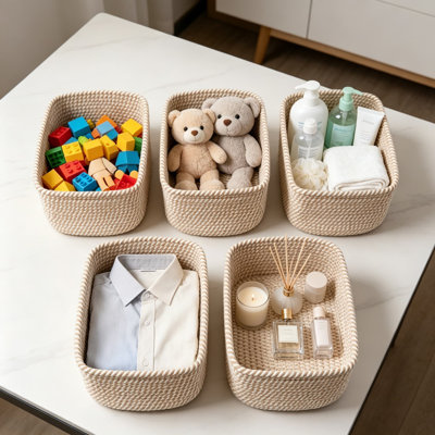 5 Pack Small Woven Storage Baskets, Cotton Rope Organizer Bins For Shelves In Bathroom, Closet & Nursery, Decorative Storage For Socks, Toys, And Home Organization