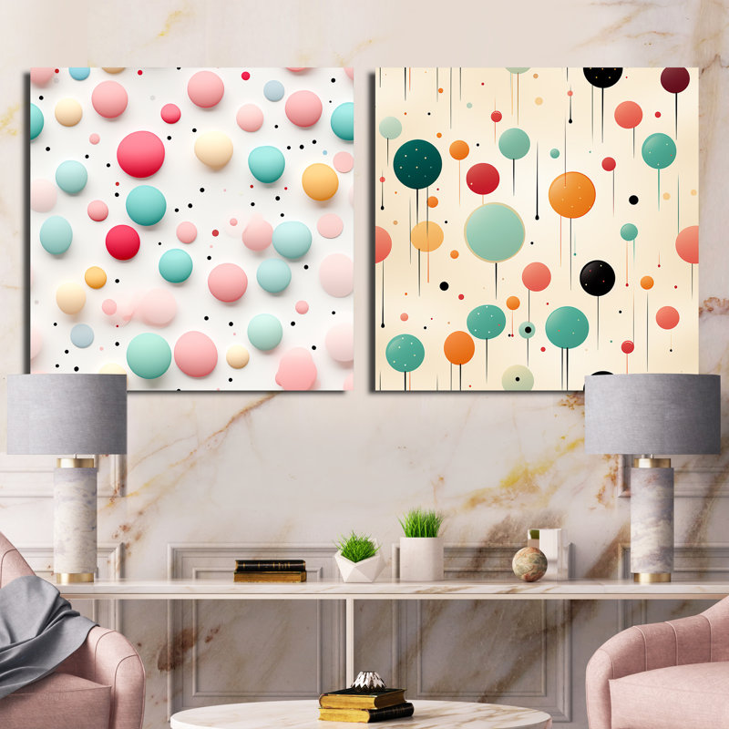 Funky Polka Dot Delights - Ensemble de 2 collages carrés à formes abstraites, Toile tendue, H 36 po x l 73 po
