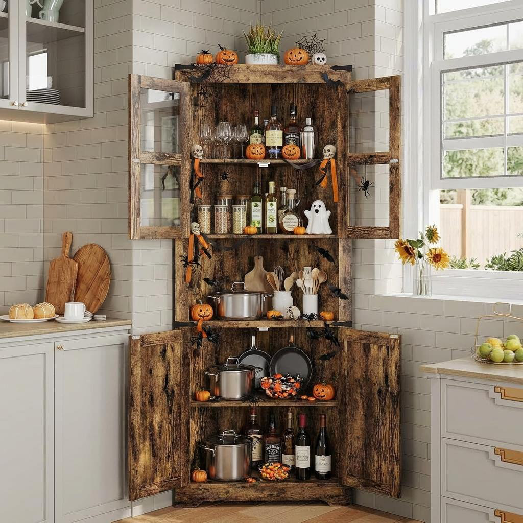 Farmhouse Corner Cabinet, Tall Corner Storage Cabinet with Glass Door & Adjustable Shelves, Bathroom Cabinet with Storage for Living Room, Kitchen, Ba