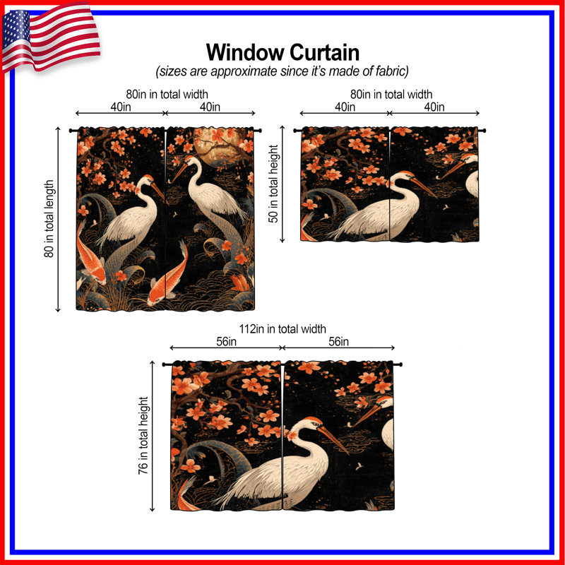 Rideaux obscurcissant Cranes And Koi Fish, 80 po x 82 po - 2 panneaux, Transparent