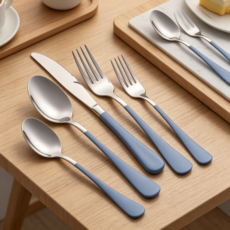 Ensemble de couverts 20 pièces gris et bleu, ensemble de couverts en acier inoxydable 18/0 pour 4, ensemble de coutellerie moderne avec couteaux de table, fourchettes, cuillères et fourchettes à salade, poli miroir, va au lave-vaisselle