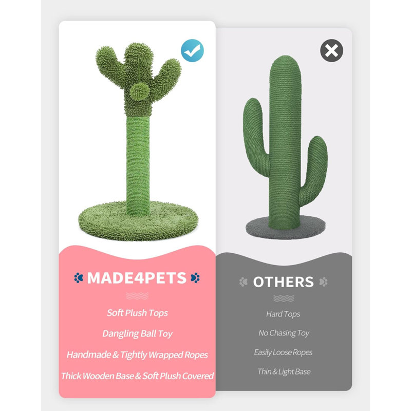 Grattoir pour chat, grattoir pour chat Cactus avec corde en sisal pour griffoir pour chats d'intérieur, arbre à chat vertical vert avec boule pendante pour chat