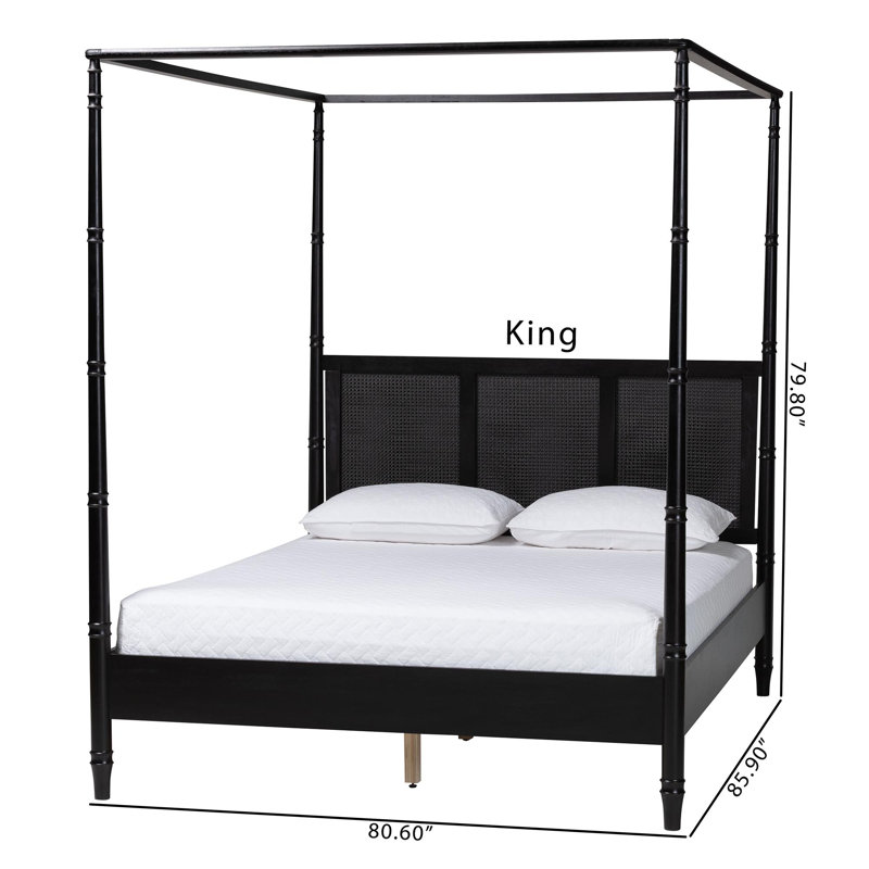 Baxton Studio Gradimir Canopy Bed With Synthetic Rattan Headboard - Black Wood Bed Frame With Bamboo-Inspired Posts, Modern Transitional Bedroom Accent Furniture, King Size
