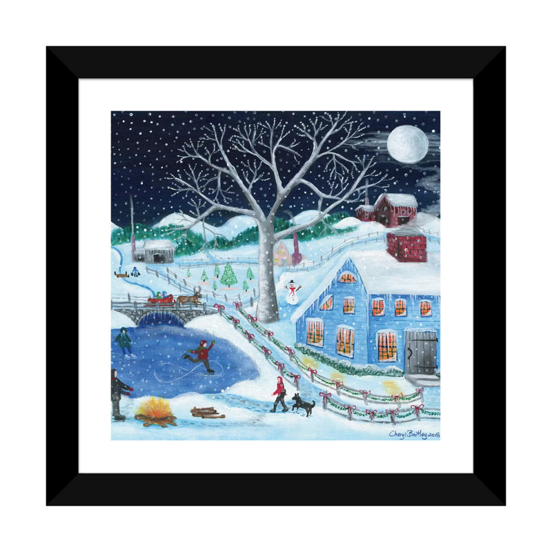 Impression d’art graphique, "Ice skating’par Old Farm par Cheryl Bartley, Papier encadré noir, H 16 po x l 16 po x P 1 po