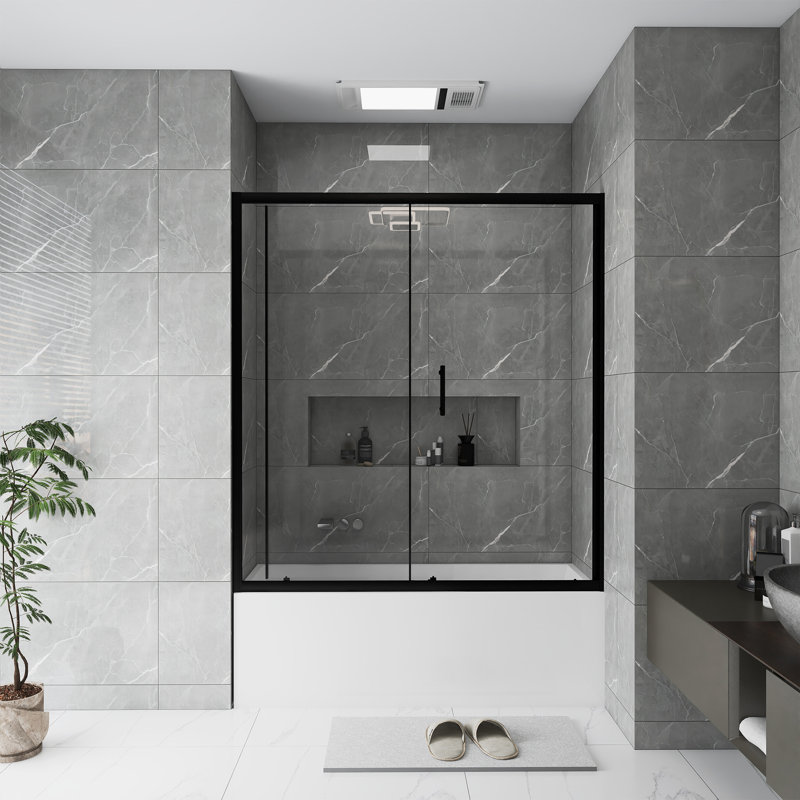 60.In W X 62.In H Bathtub Shower Screen | Single Sliding | 1/5 Inch Thick Transparent Tempered Glass | With Stainless Steel Handle | Black