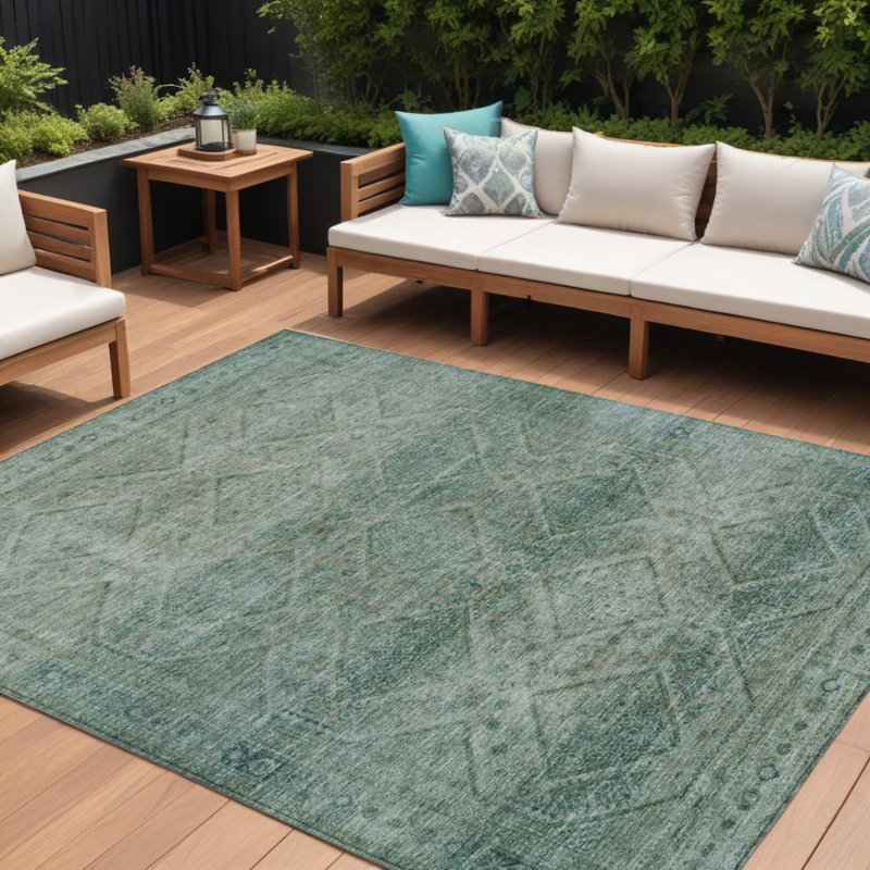 Tapis intérieur / extérieur 8 pi x 10 pi bleu sarcelle et ivoire à motif géométrique lavable
