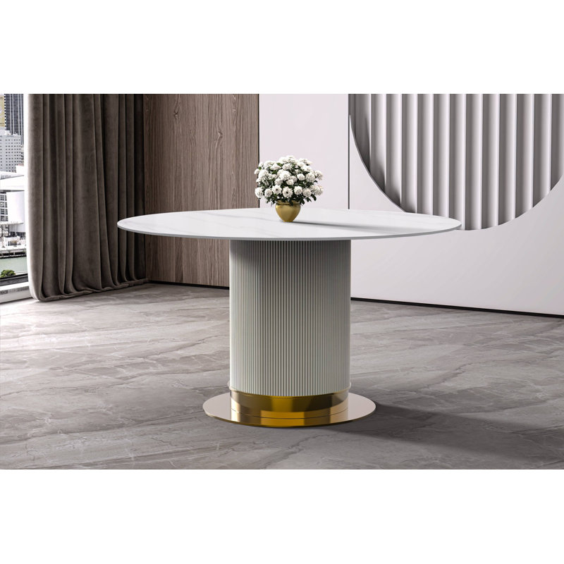 Murtis Round Stone Top Metal Base Dining Table, Solid White